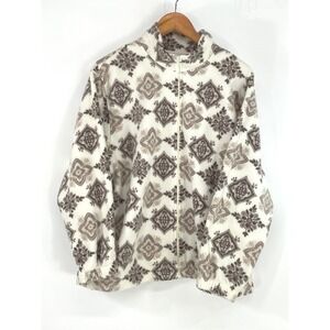 Alfred Dunner Womens Jacket PL Fleece White Brown Medallion Sequins Front Zip